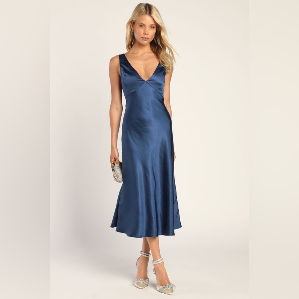 lulus Incredible Love Navy Satin Cowl Back Midi Slip Dress (Size S)